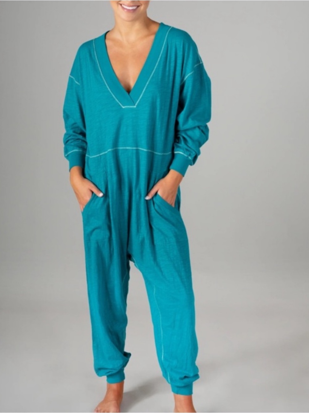 Natural Life Johnnie Cotton Jumpsuit Size Small Teal Blue Oversized Loungewear